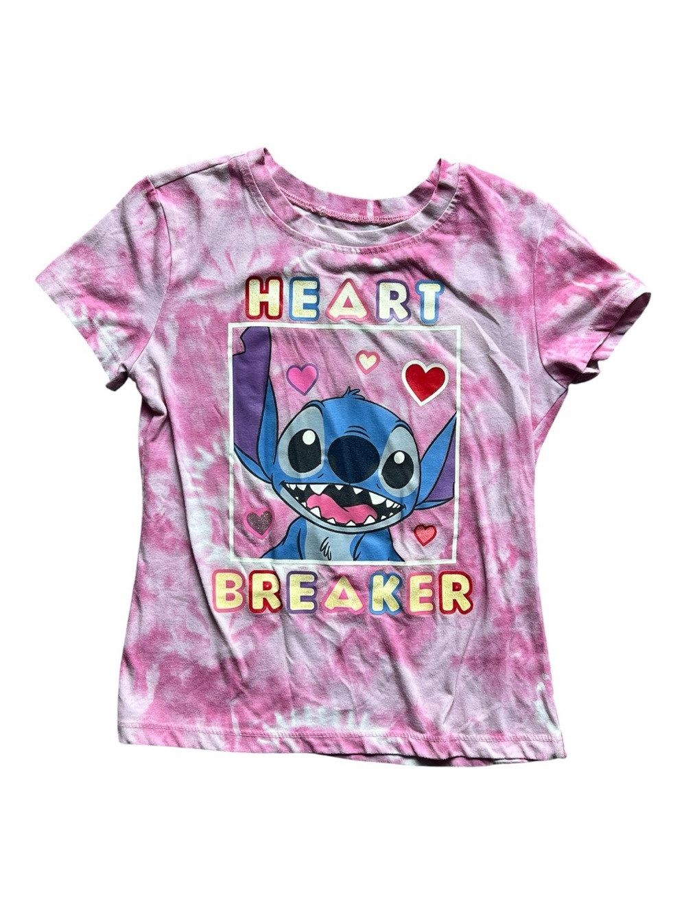 Disney Pink Tie-Dye Stitch "Heart Breaker" Short Sleeve Tee Size M (7/8)